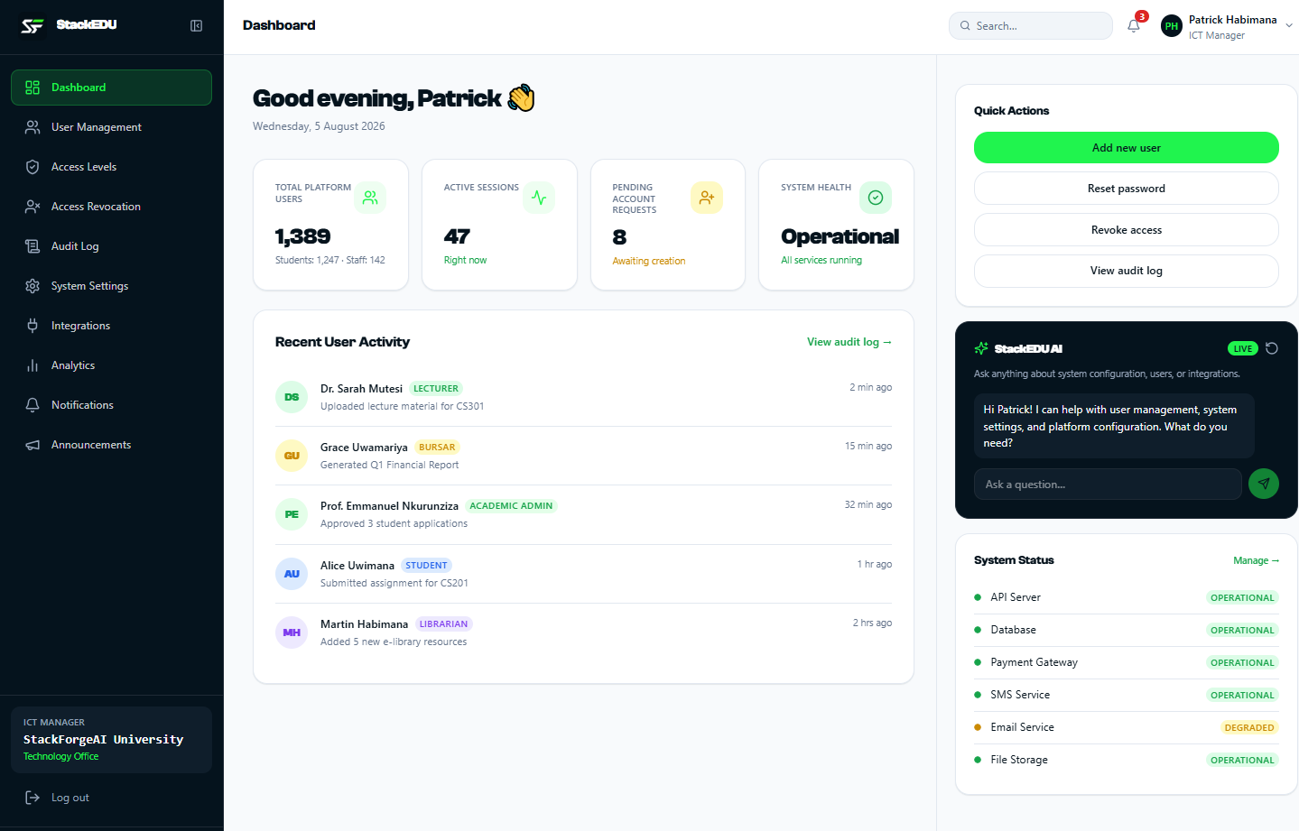 StackEDU institution dashboard overview