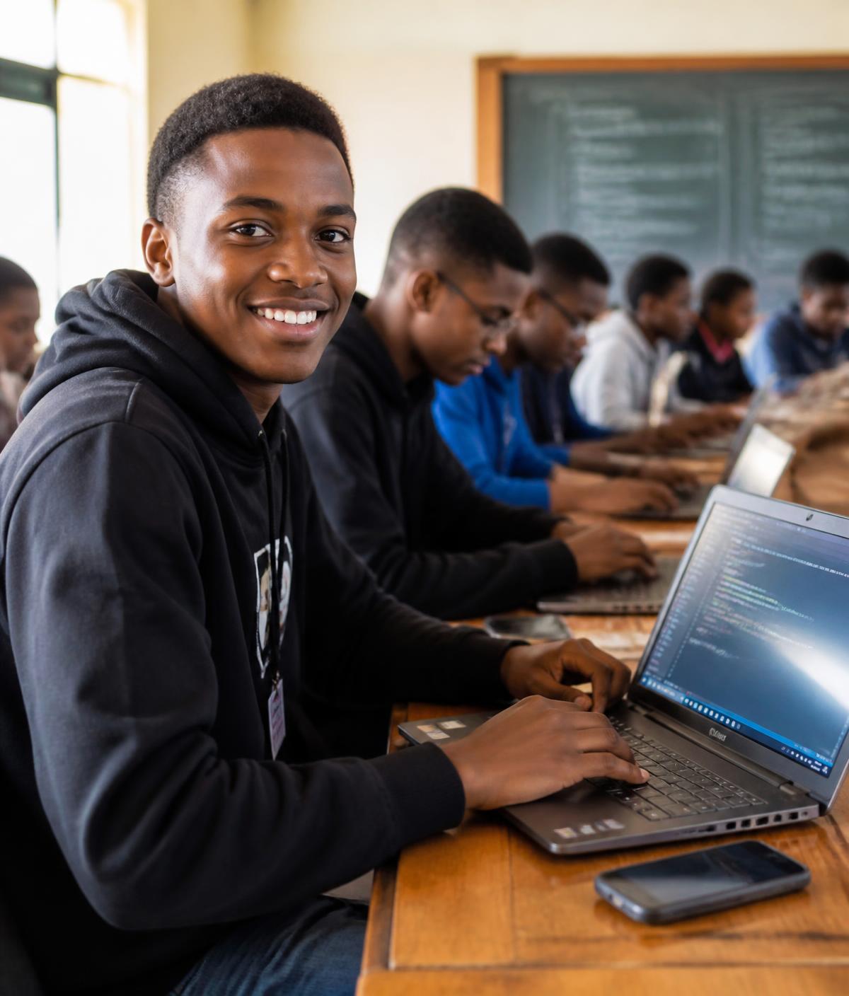 Young African students learning to code on laptops in a classroom